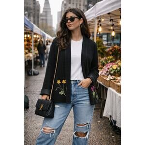 Black Waffle Boxy Sweater Jacket Embroidered Florals Cool Girl Spring Layer M–L
